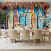 Summer beach wall mural with colorful surfboards display