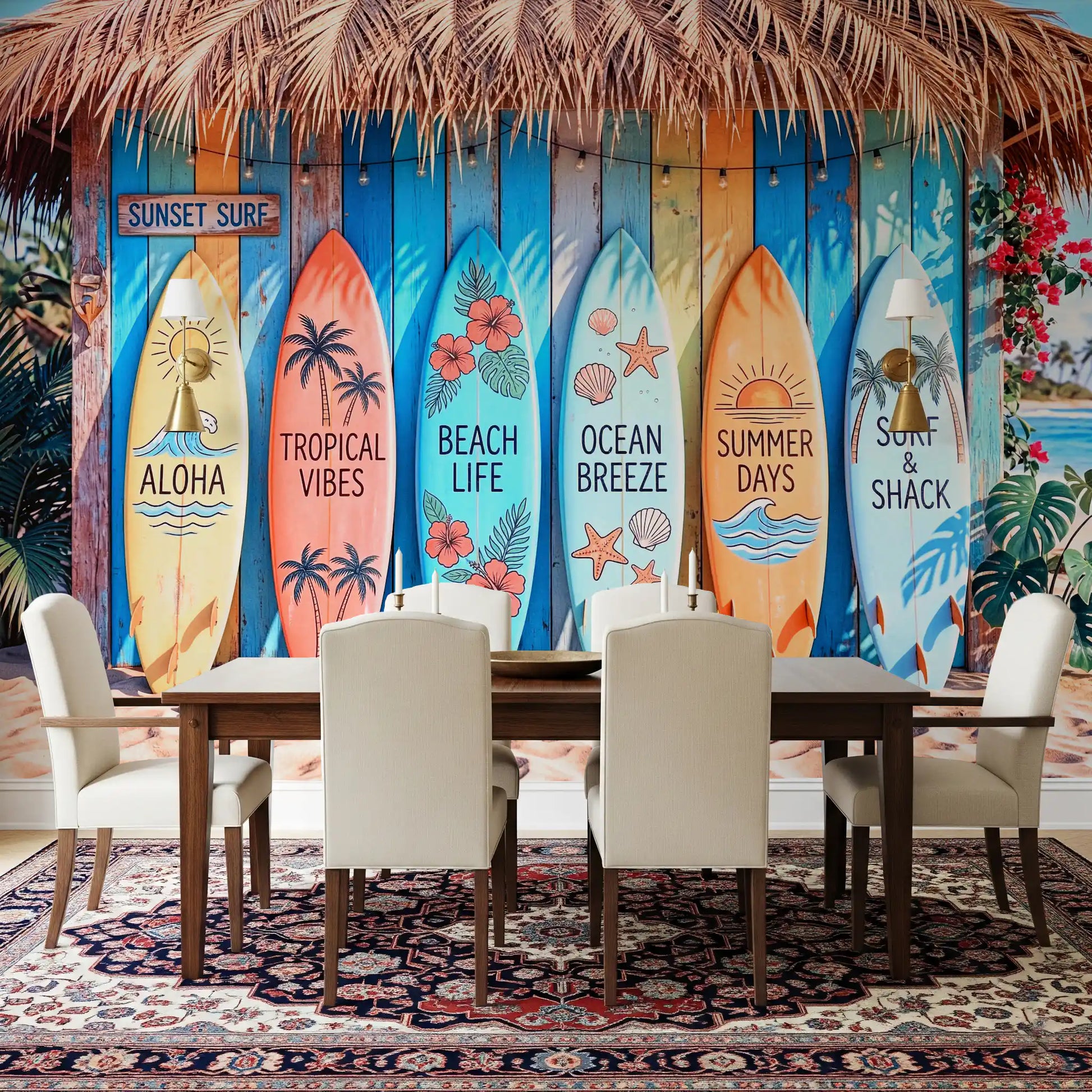 Tropical coastal wall mural with surfboards and beach elements