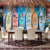 Tropical coastal wall mural with surfboards and beach elements