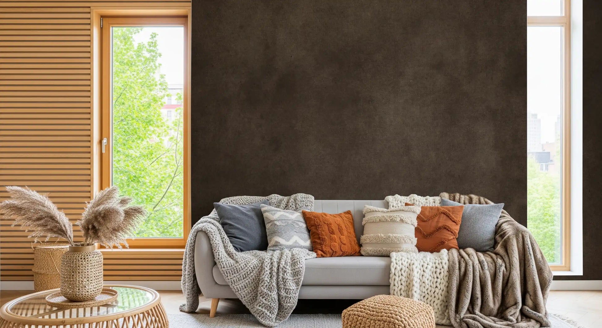 Plain brown wall mural with soft chocolate texture wall mural effect in dining room