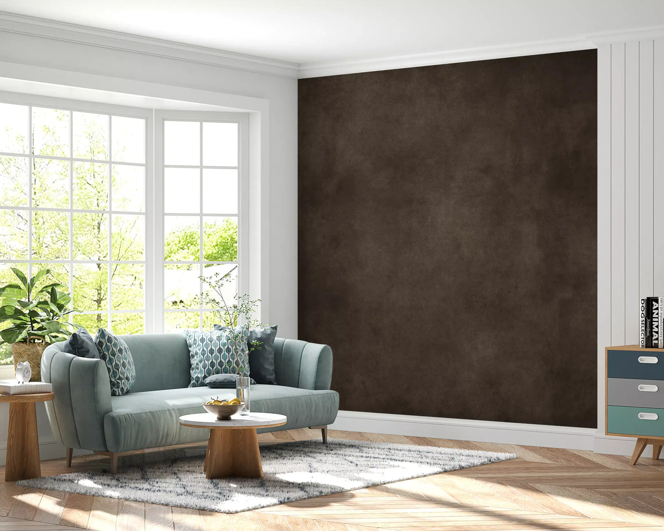 Chocolate brown wall mural with soft textured wall mural finish in living room