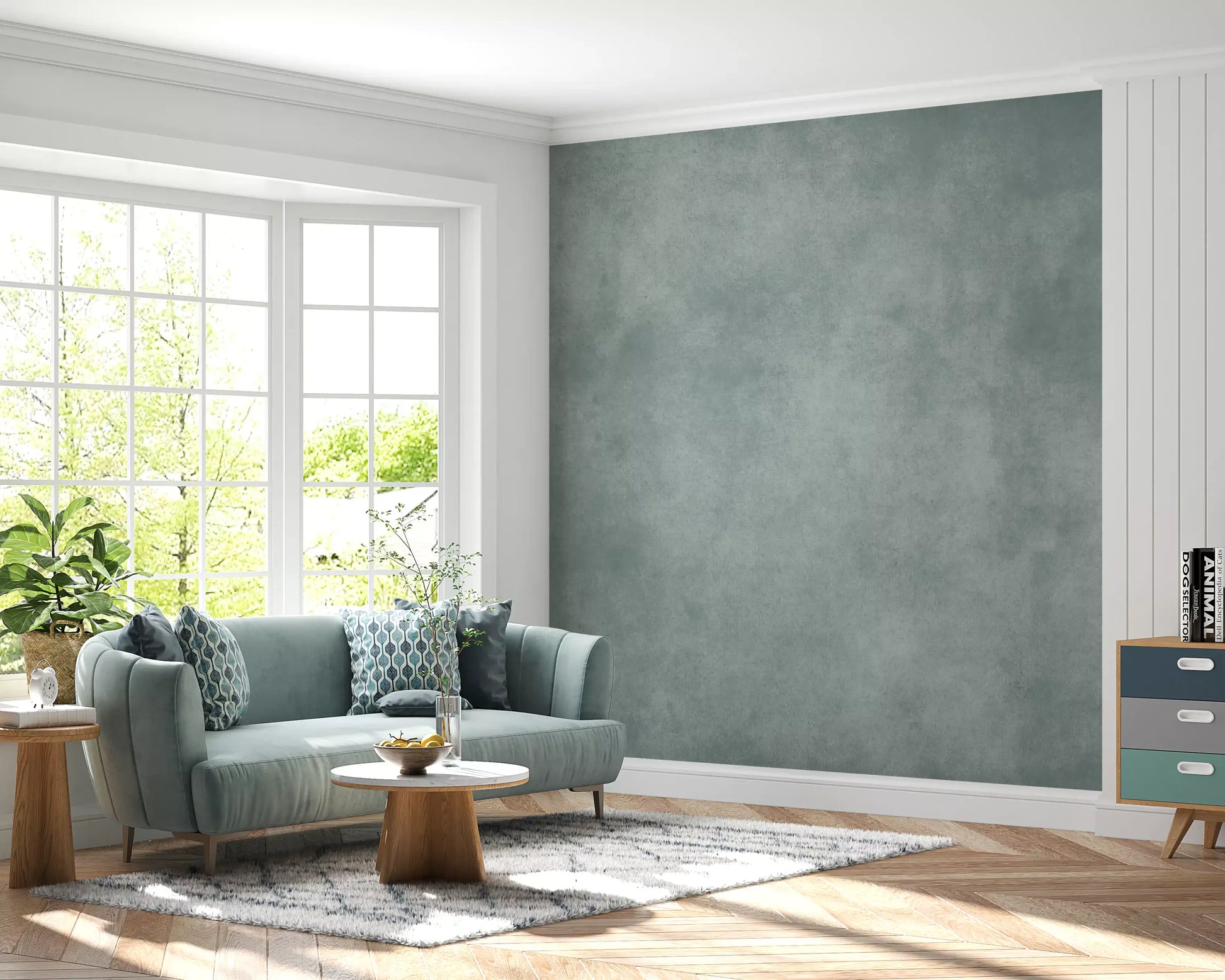 Soft finish wall mural with muted paper blue green color palette