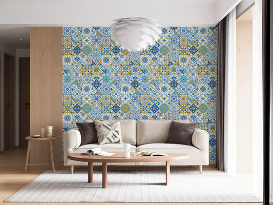 Azulejo tiles wallpaper in a living room with blue and yellow pattern grid