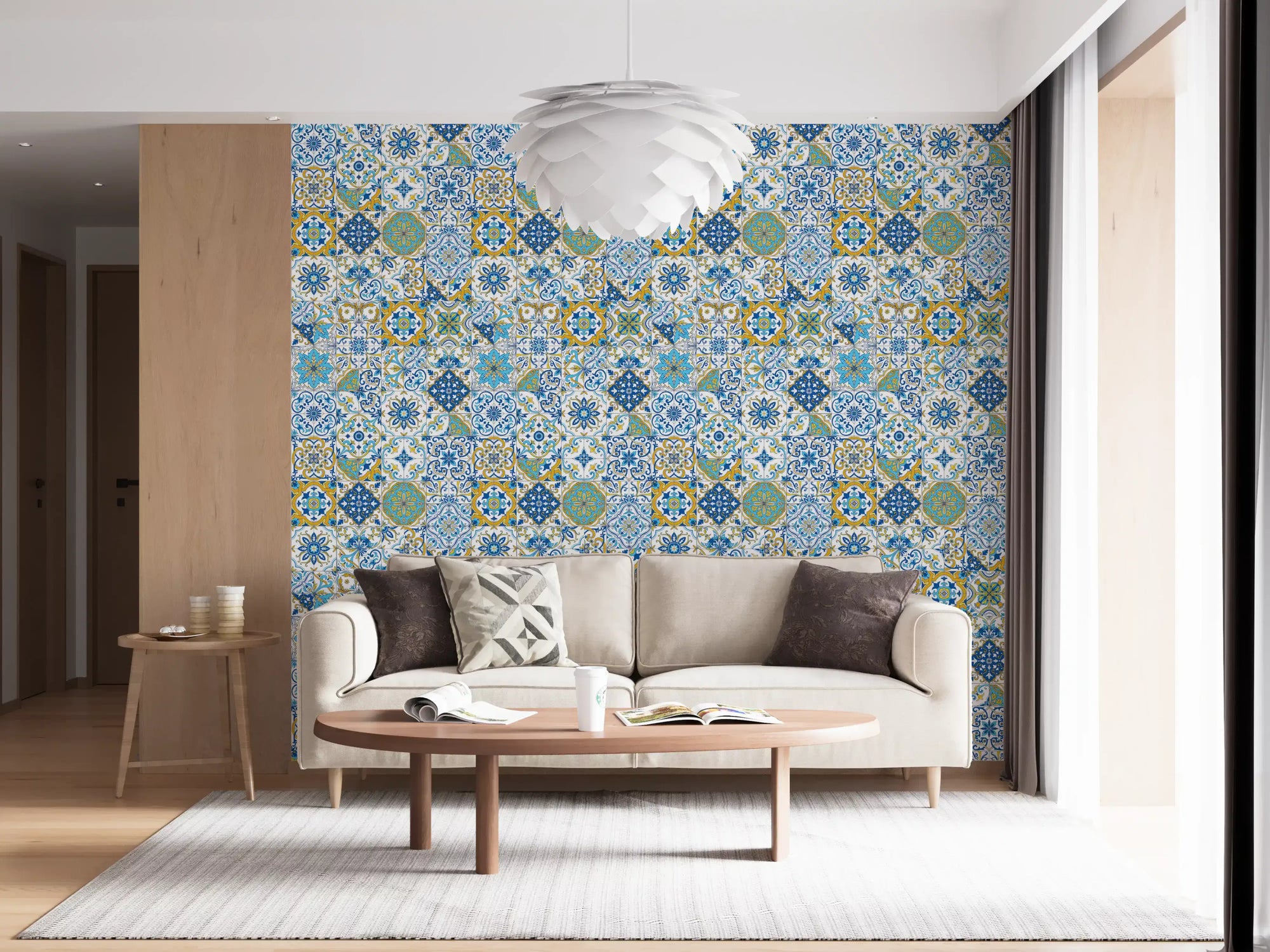 Azulejo tiles wallpaper in a living room with blue and yellow pattern grid