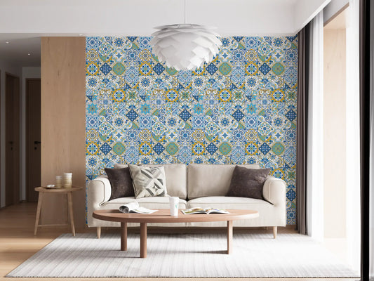 Azulejo tiles wallpaper in a living room with blue and yellow pattern grid