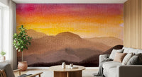 Scenic wall mural with layered hills and warm sunset tones