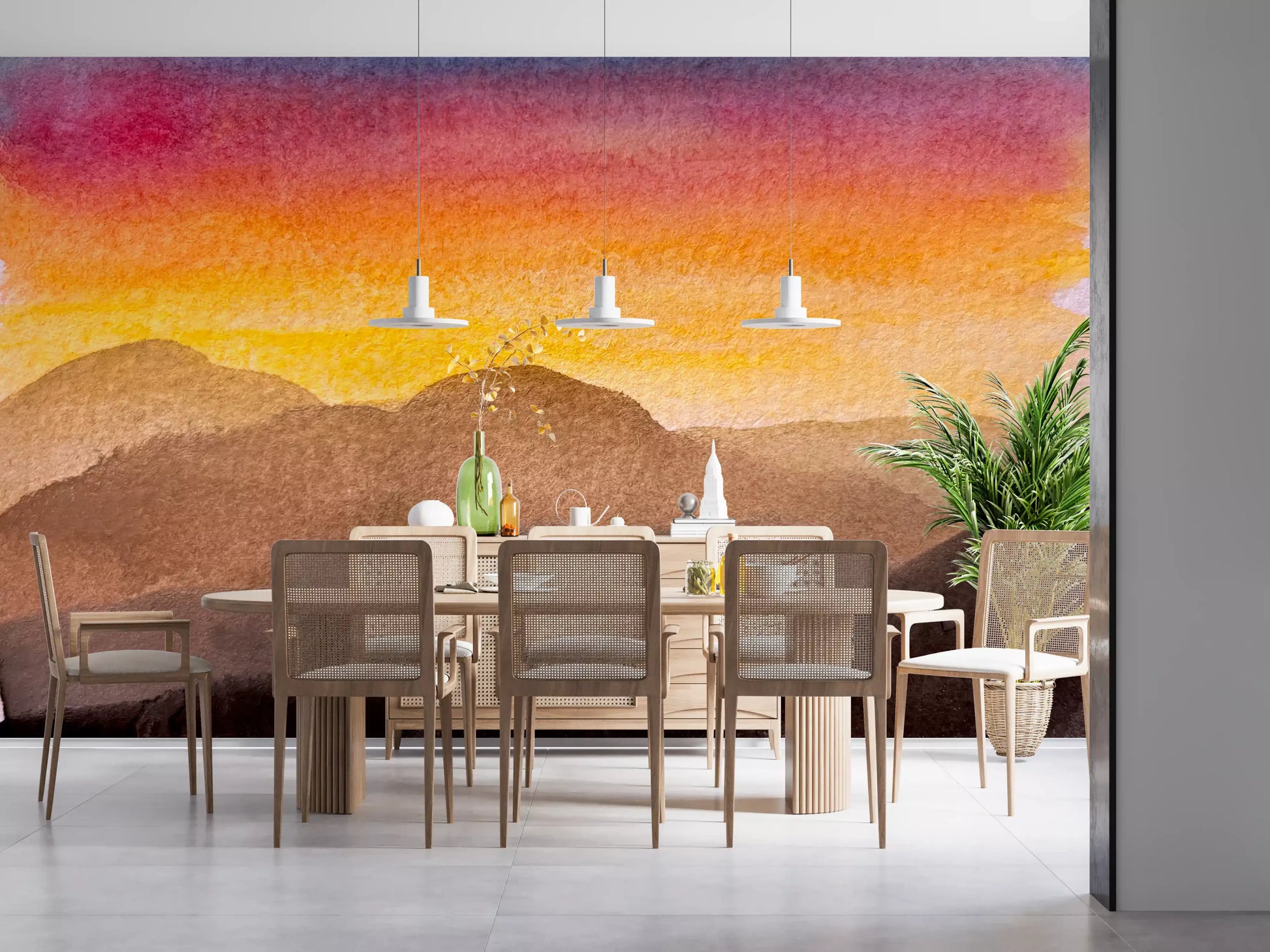 Abstract sunset wall mural with blended orange and blue sky