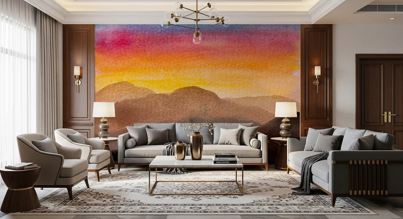 Watercolor mountain mural for a hallway with soft horizon colors