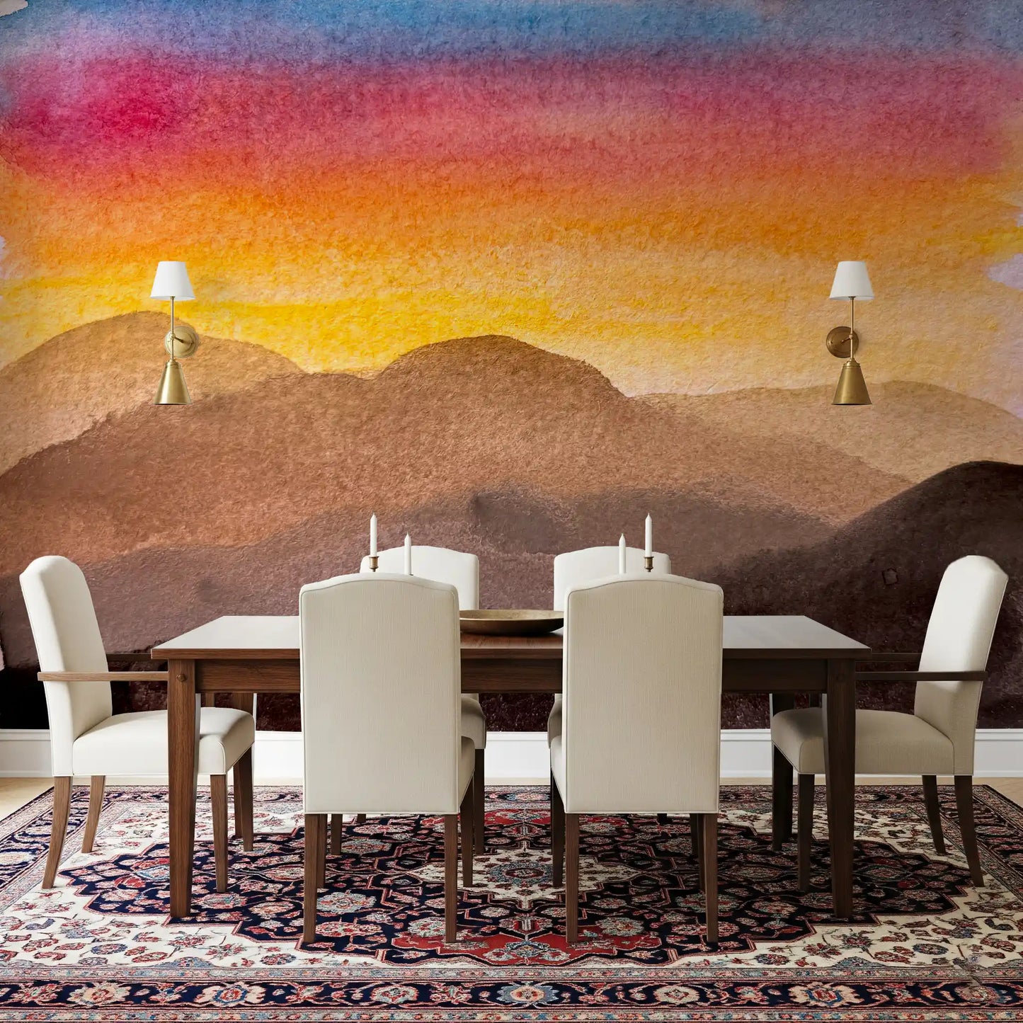 Watercolor wall mural with textured sky and mountain layers