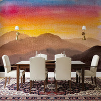 Watercolor wall mural with textured sky and mountain layers