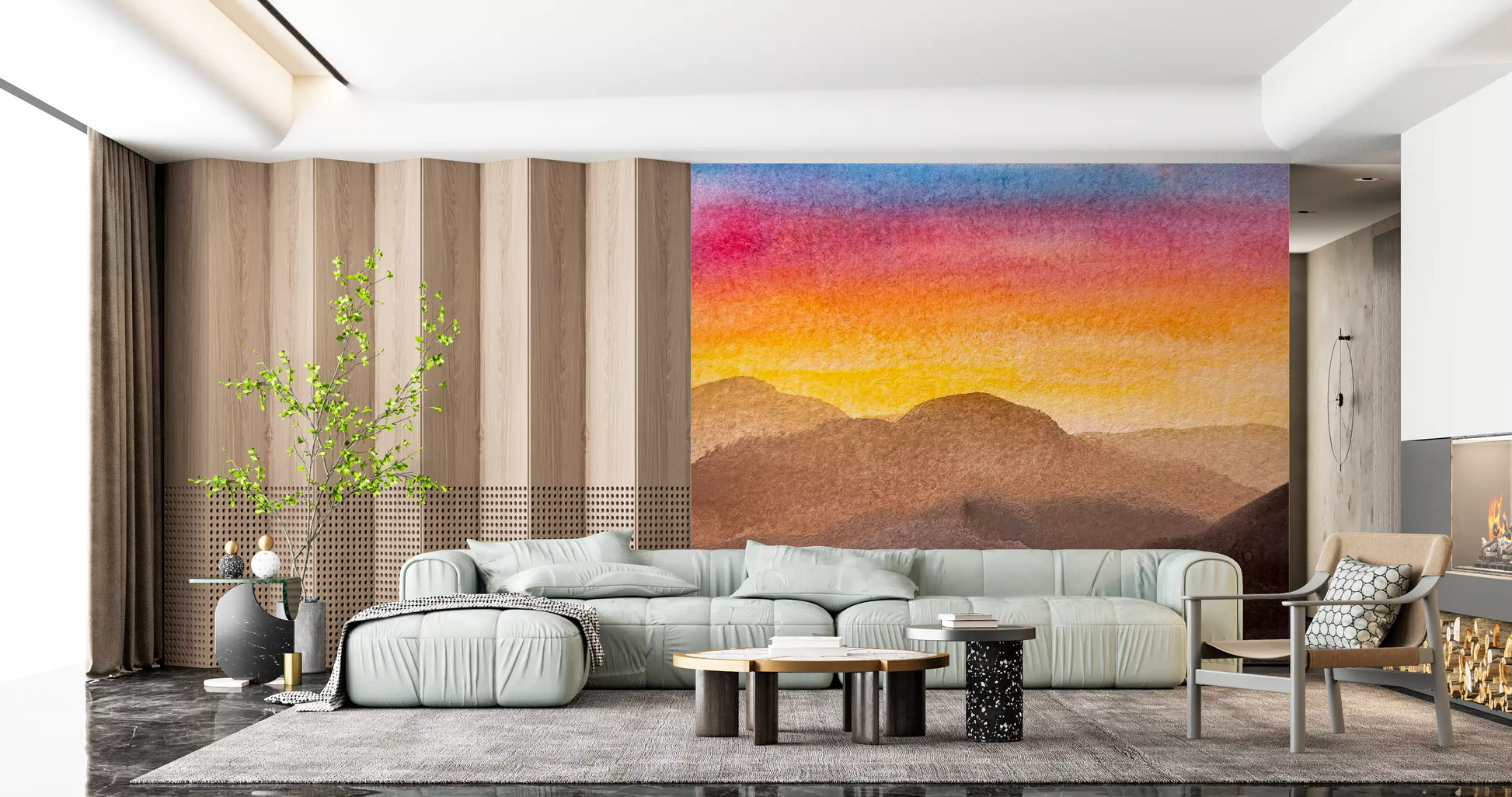 Landscape wall mural with watercolor mountains and soft gradient background