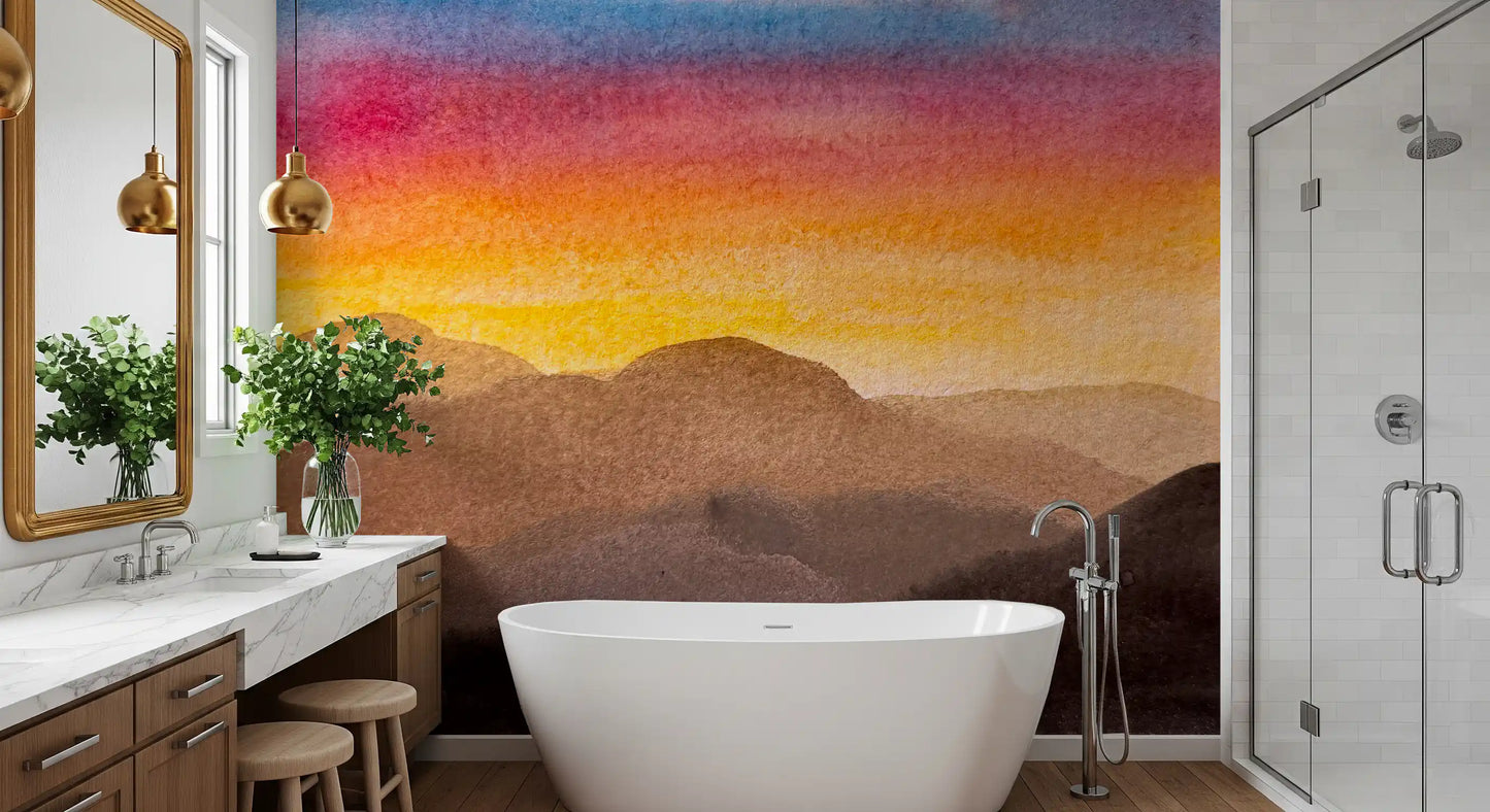Watercolor Sunset wall mural in a bathroom with scenic layered hills