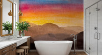 Watercolor Sunset wall mural in a bathroom with scenic layered hills