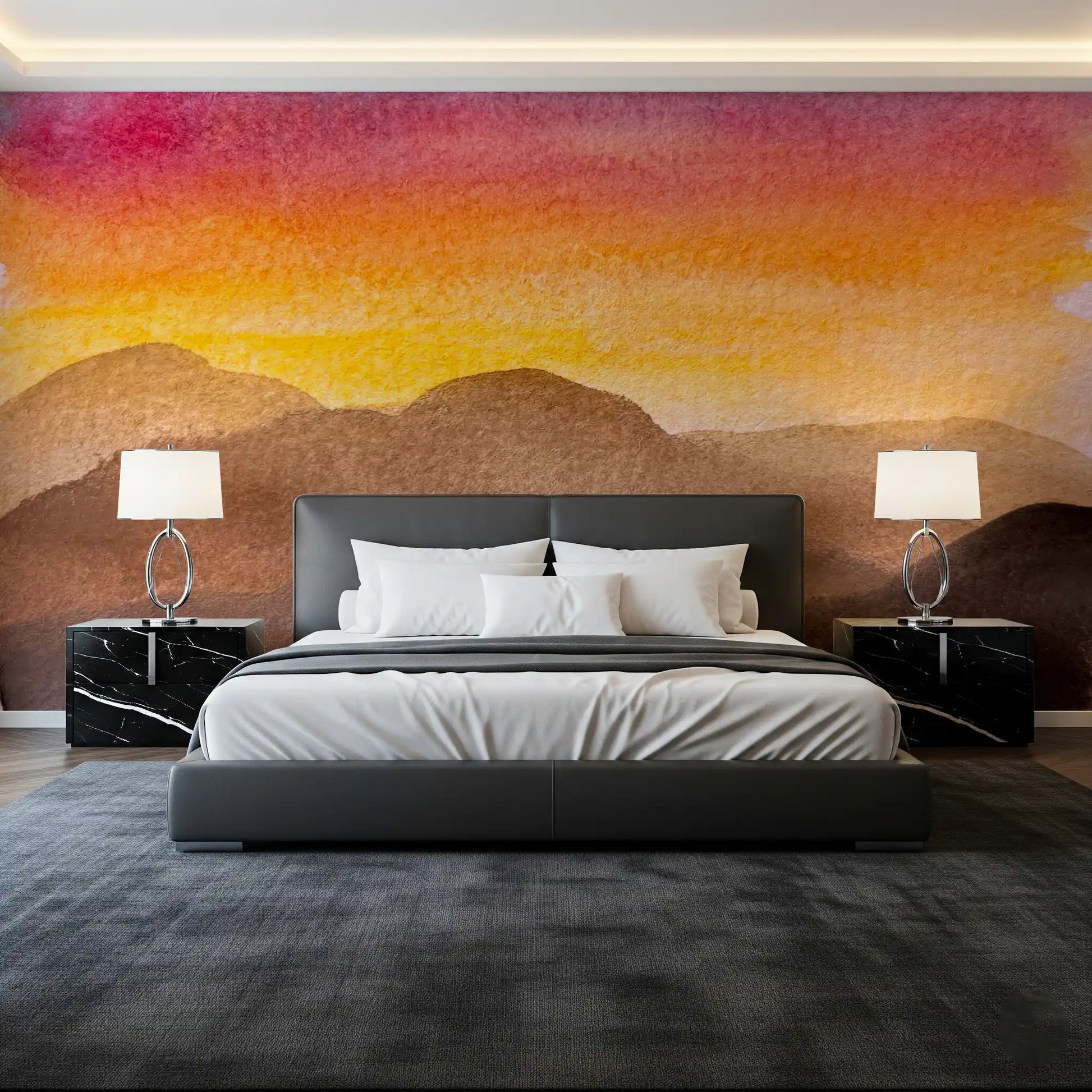 Sunset landscape wall mural in a bedroom with warm gradient sky tones