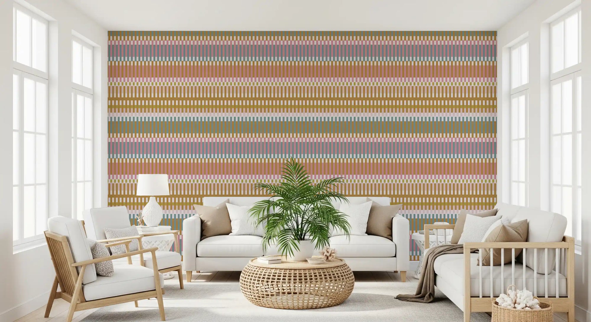 Retro Weave Blocks wallpaper in a living room with vertical stripe pattern design