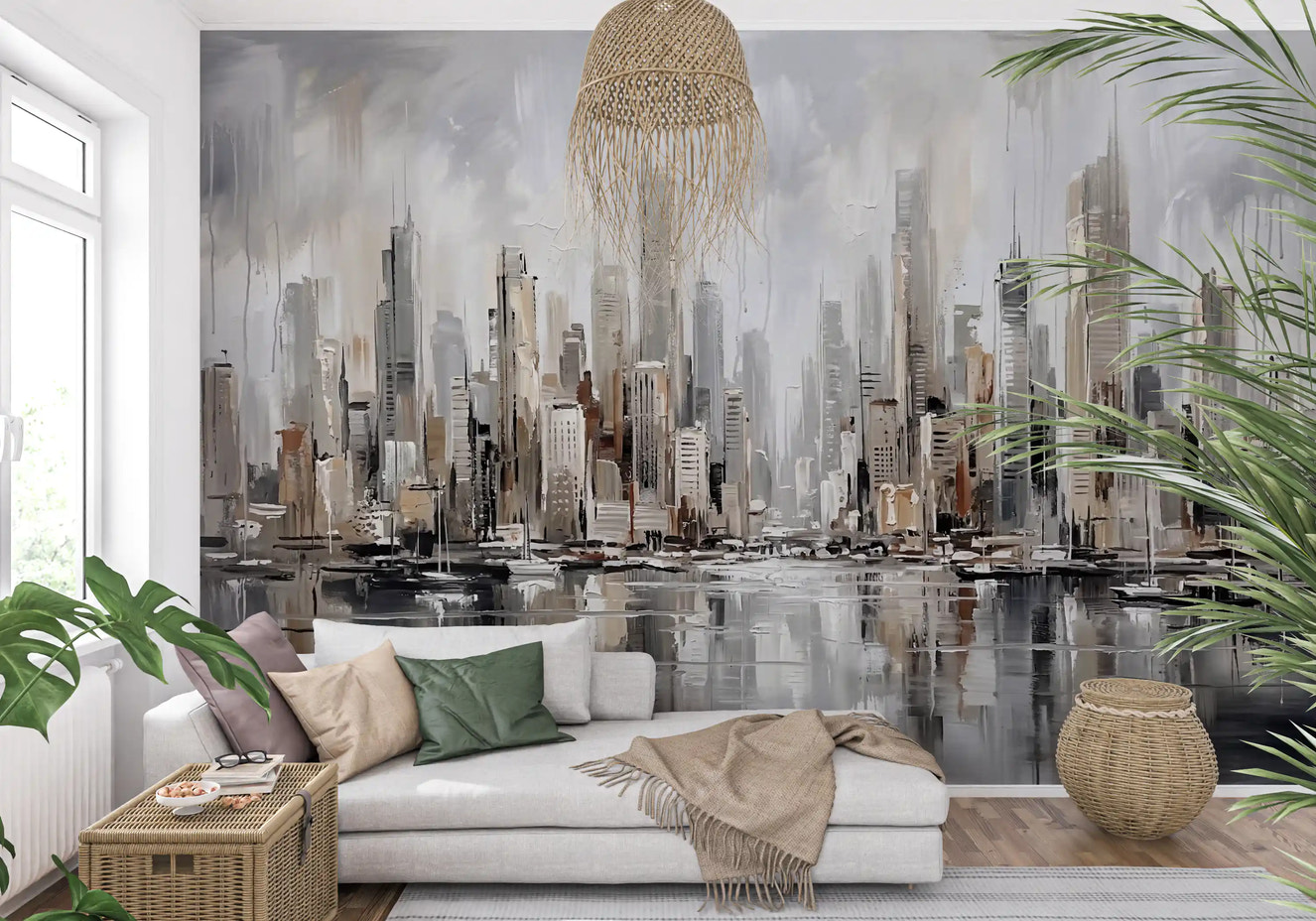 Hallway featuring waterfront wall mural and soft skyline tones