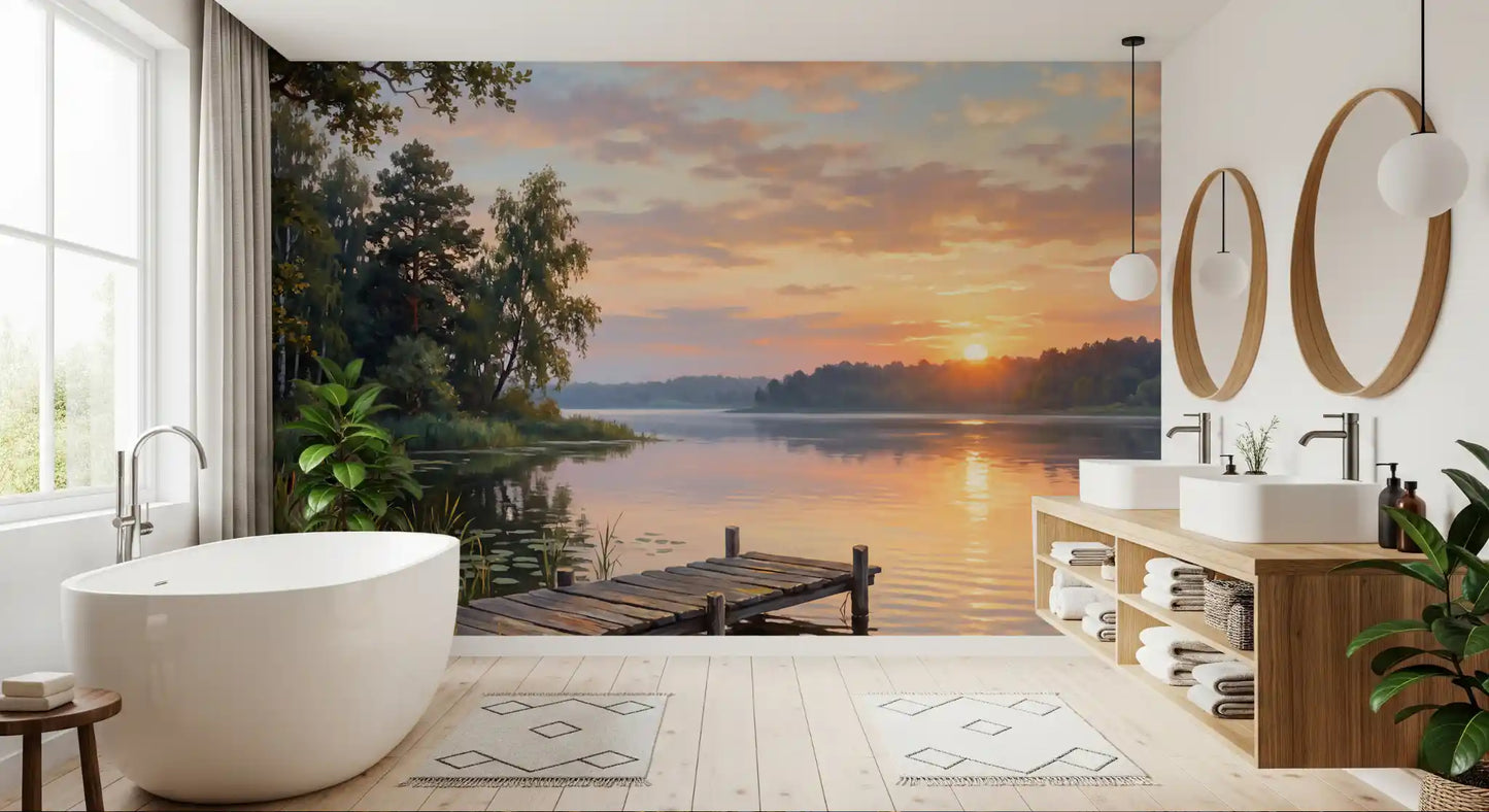 Bathroom featuring waterside wall mural and golden evening glow