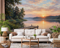 Living room with scenic lake wall mural and warm sky tones