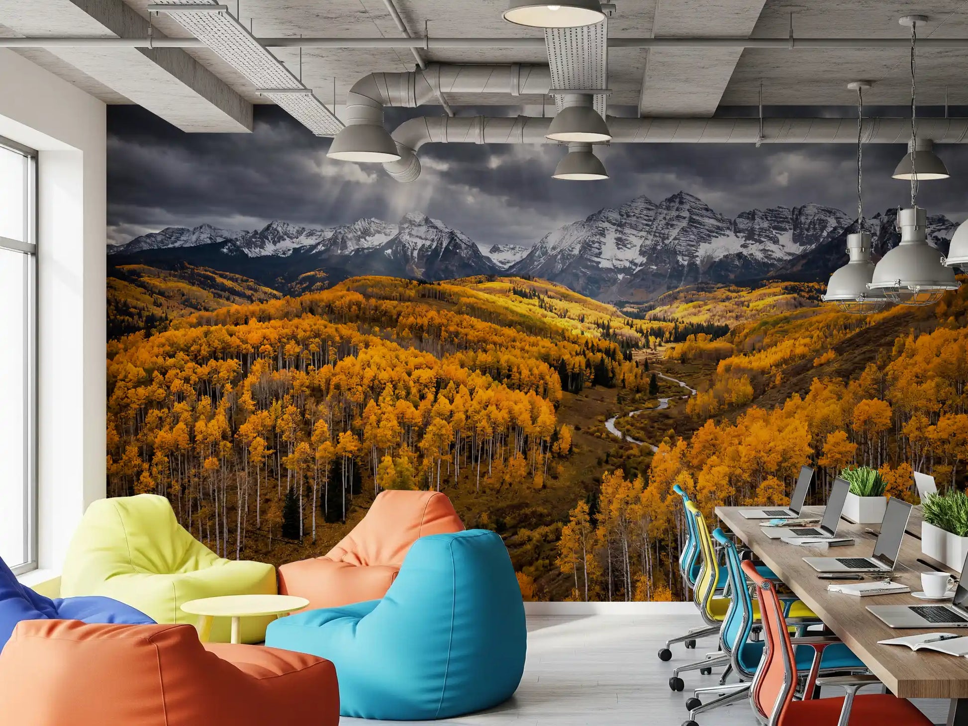 Office wall mural with radiant aspen grove and rugged alpine backdrop details view