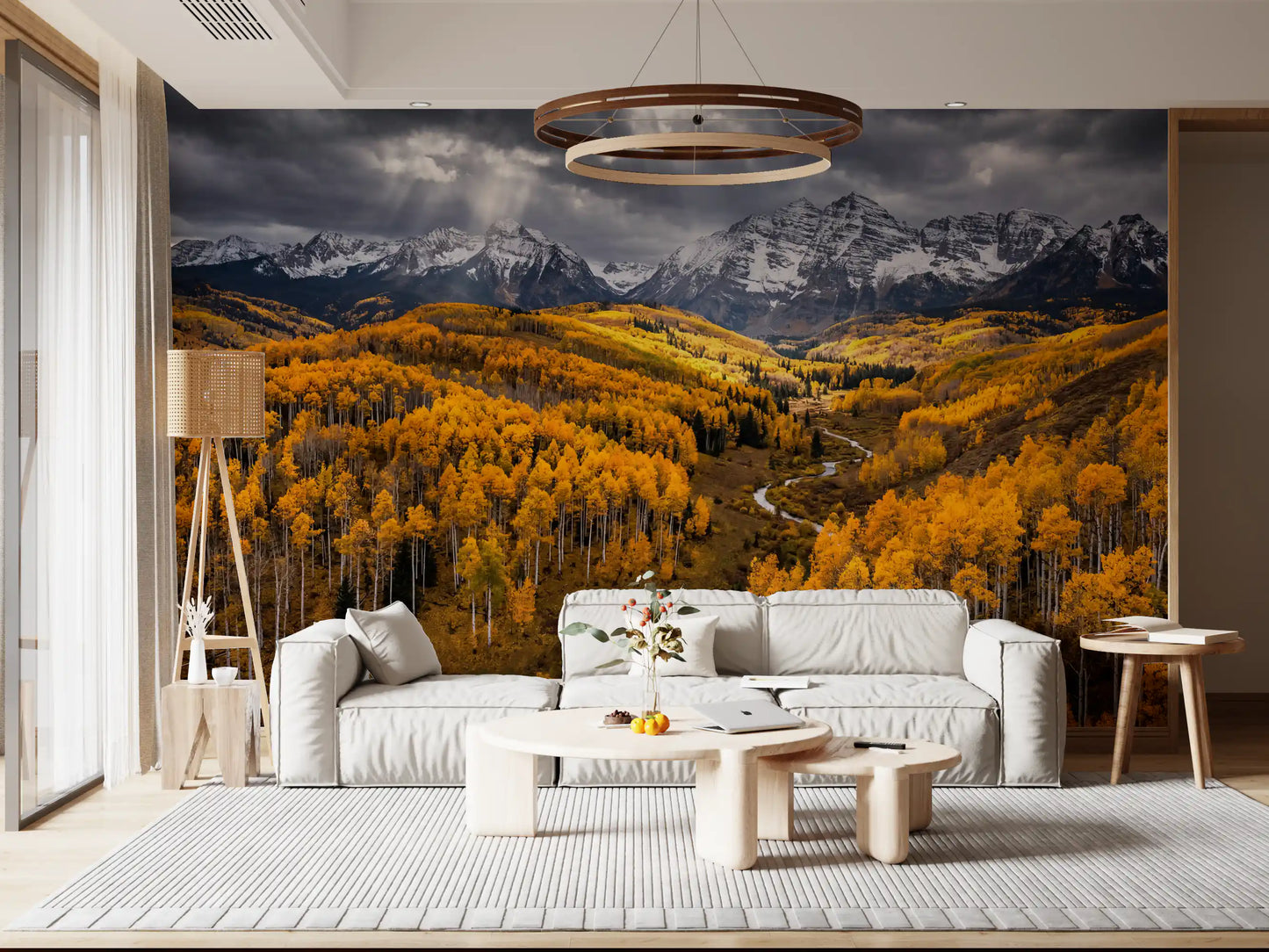 Home office wall mural capturing sunlit aspens, winding valley, and mountain drama scene