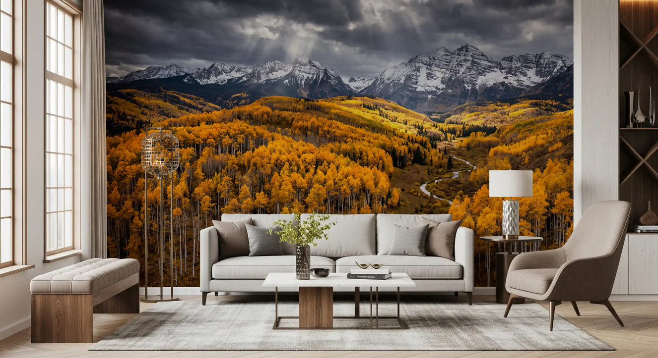 Living room wall mural with sunlit aspen valley and golden mountain forest views
