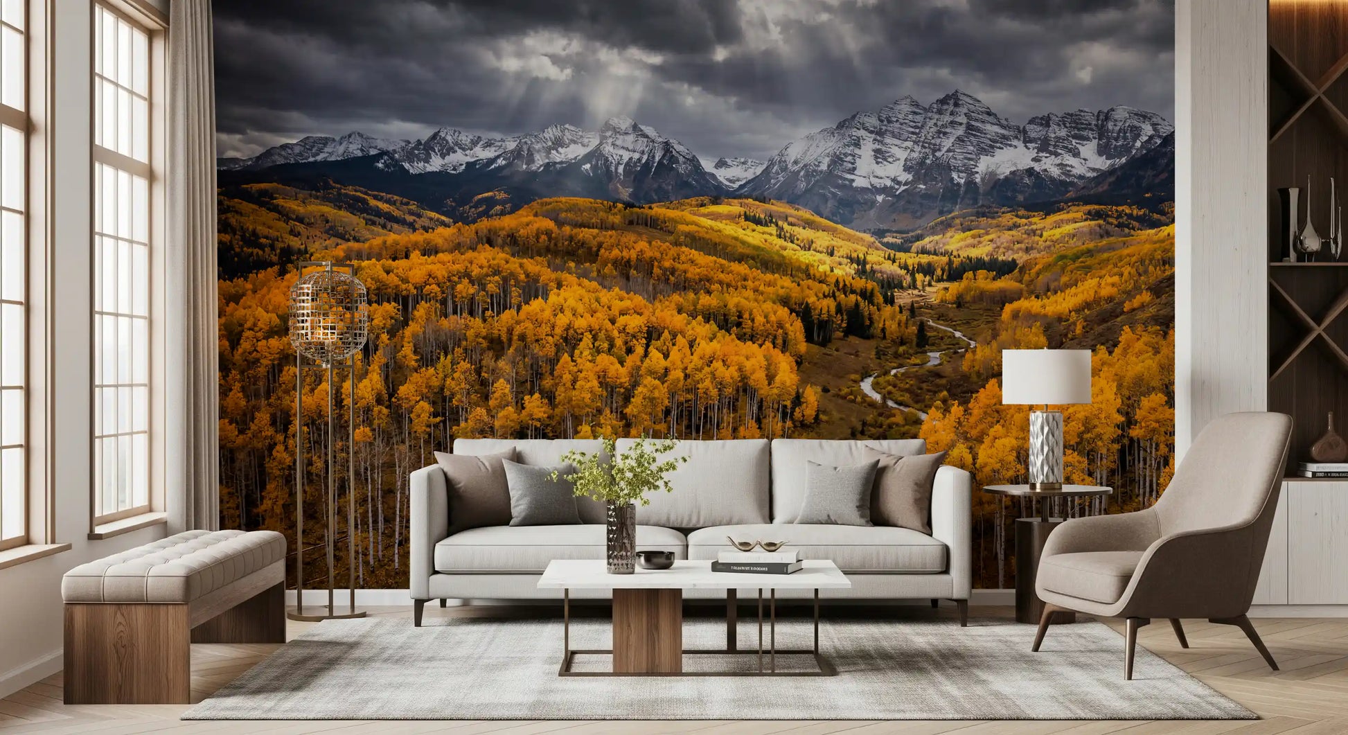Living room wall mural with sunlit aspen valley and golden mountain forest views
