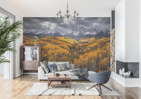 Entryway wall mural with glowing aspen landscape and snow-capped ridge horizon line