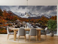 Dining room wall mural capturing alpine cascade and rugged stream flow