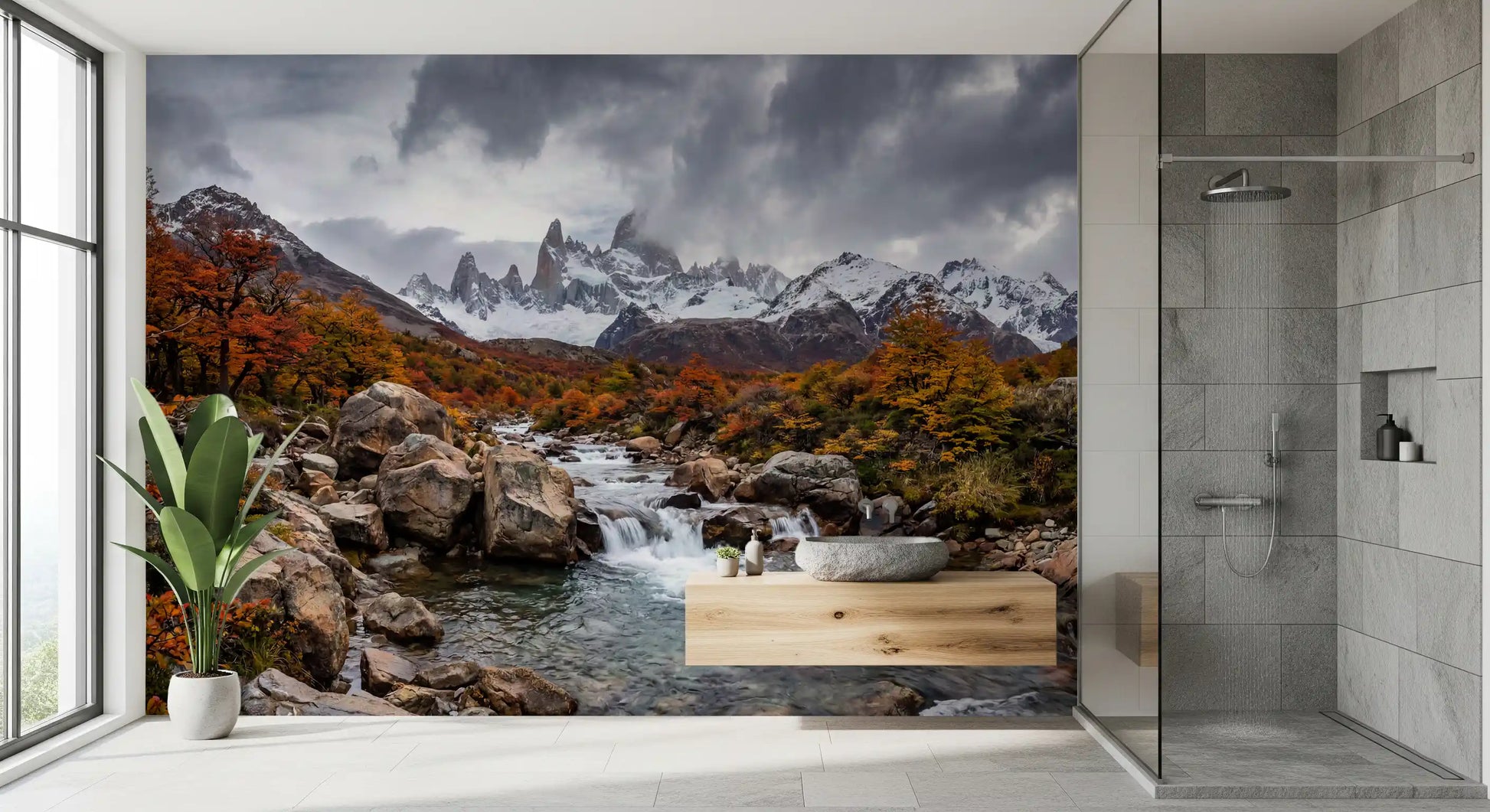 Bathroom wall mural with autumn cascade and snow peak landscape