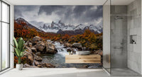 Bathroom wall mural with autumn cascade and snow peak landscape