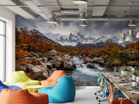 Office area wall mural featuring fall river flow and alpine cascade view
