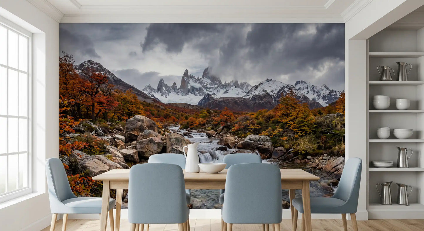 Dining area wall mural with cascading stream and alpine autumn terrain