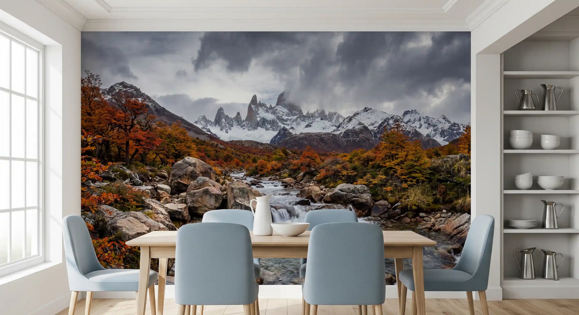 Dining area wall mural with cascading stream and alpine autumn terrain