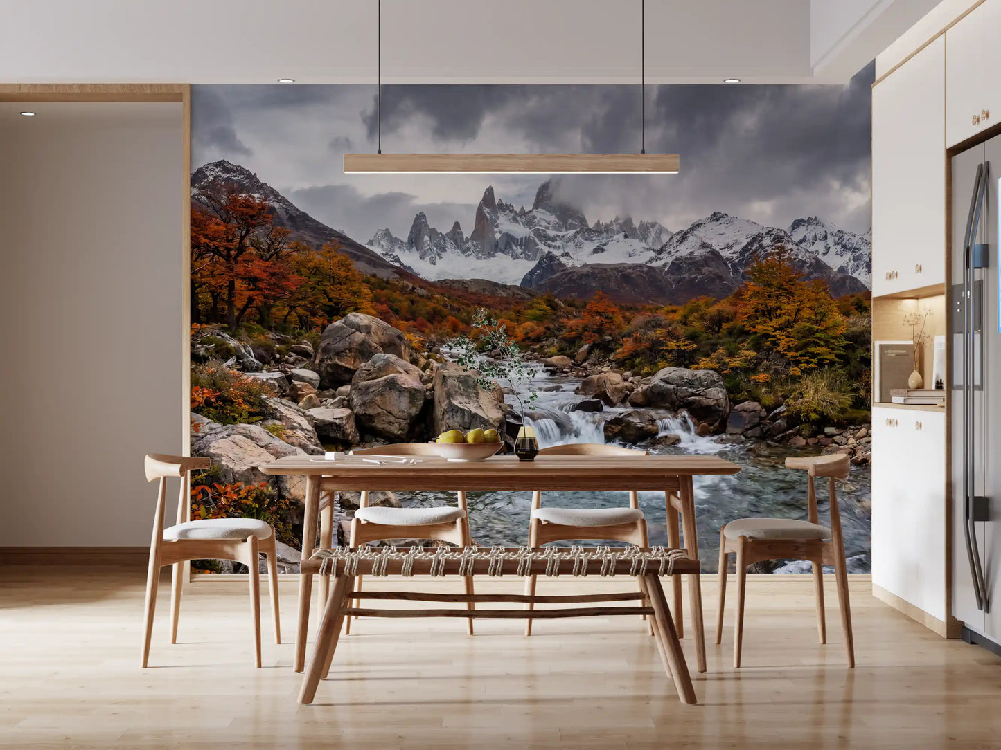 Dining room wall mural capturing autumn cascade scene with rocky river detail