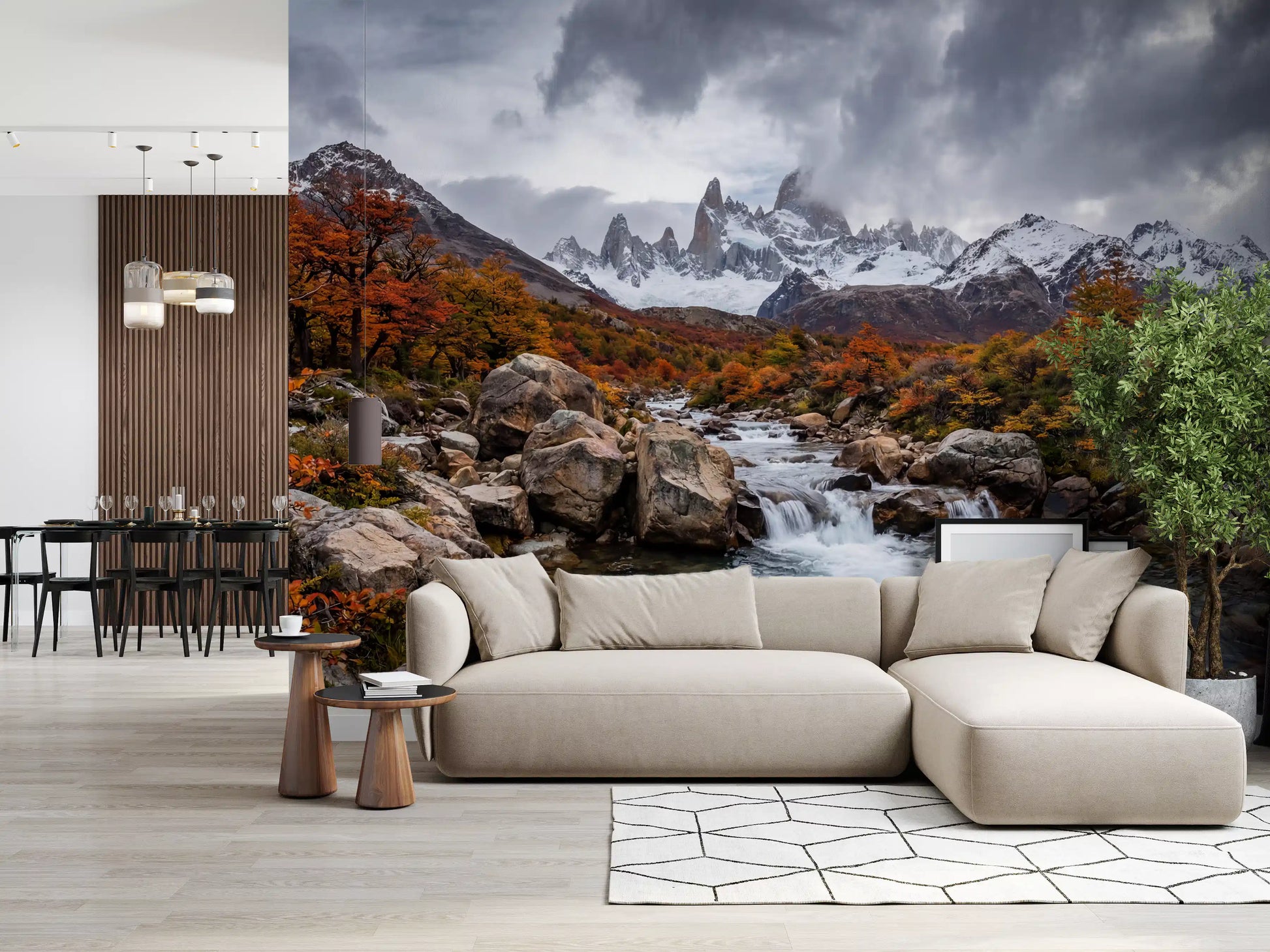 Hallway wall mural with mountain stream and autumn cascade scenery