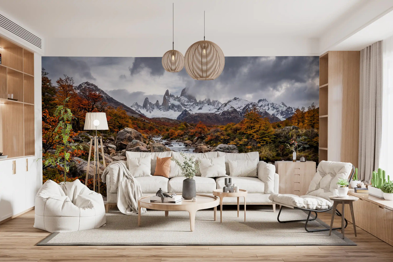 Living room wall mural featuring alpine autumn cascade with flowing stream