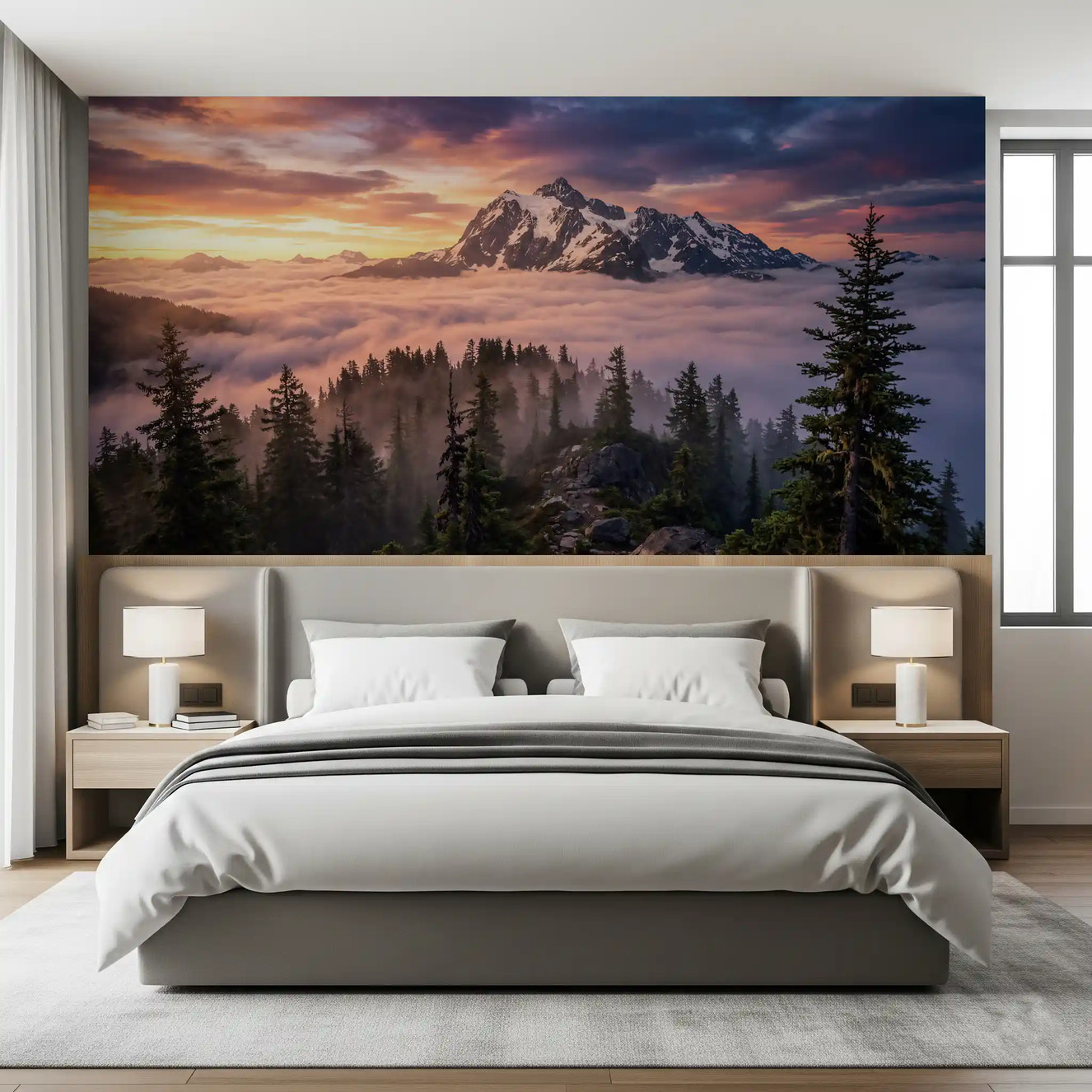 Bedroom wall mural featuring alpine peaks and soft cloud layer scenery
