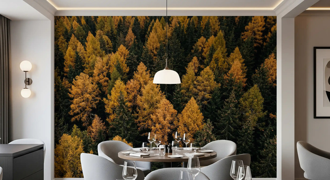 Dining room wall mural with autumn forest canopy and golden foliage tones