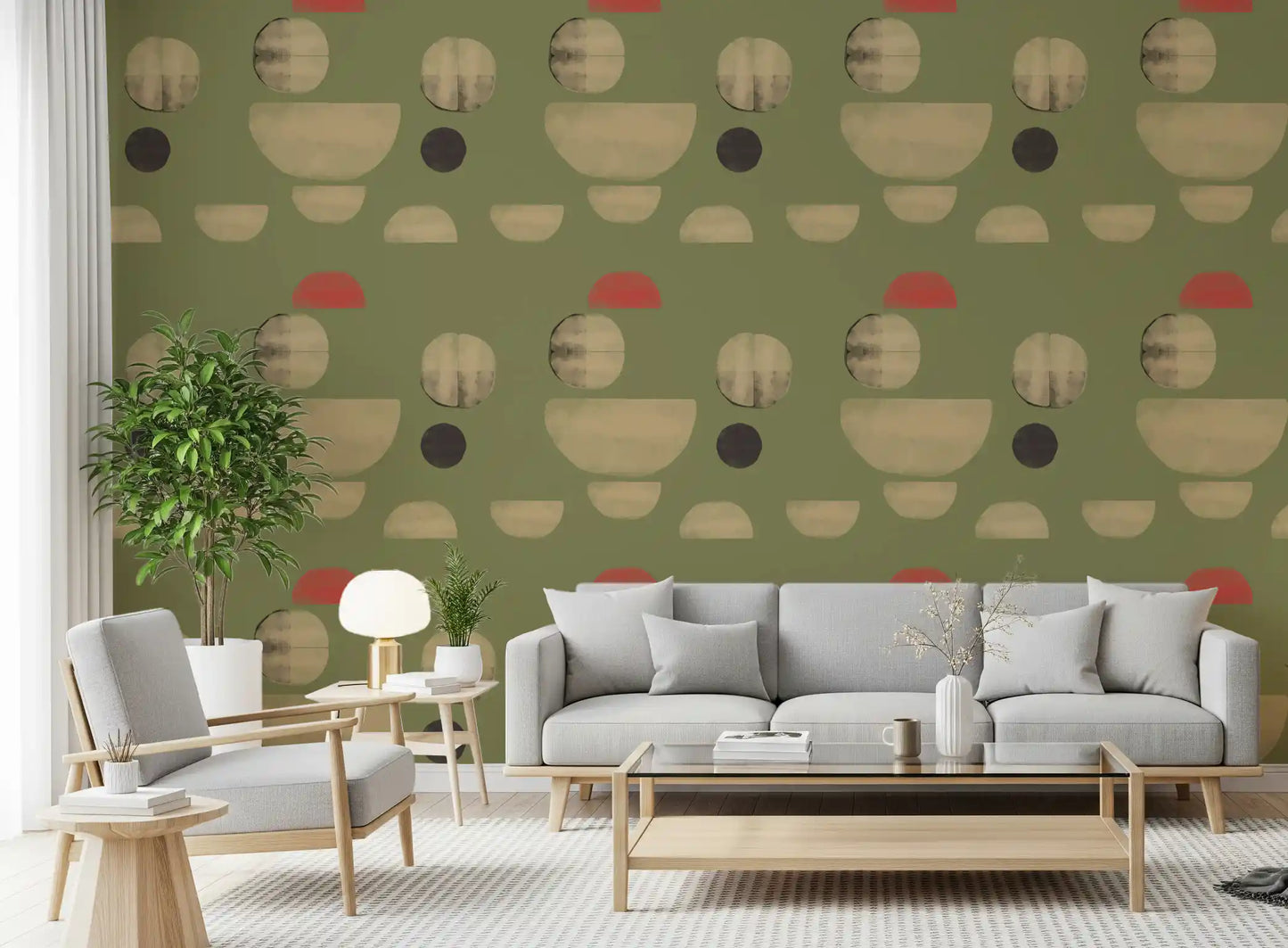 Living room wallpaper with modern earth tone shapes and textured finish