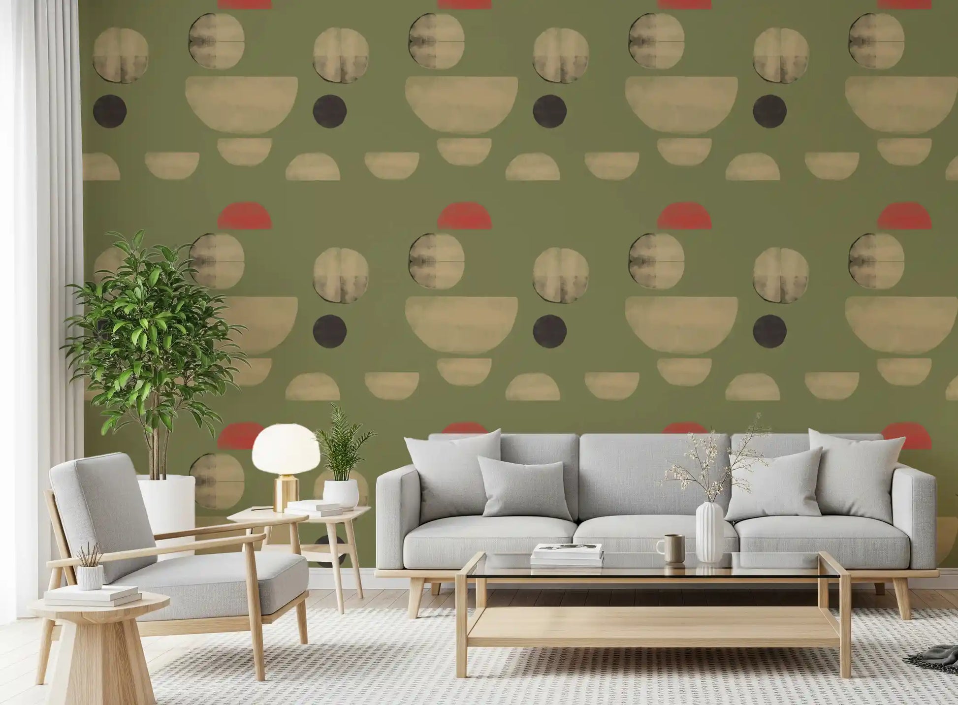Living room wallpaper with modern earth tone shapes and textured finish
