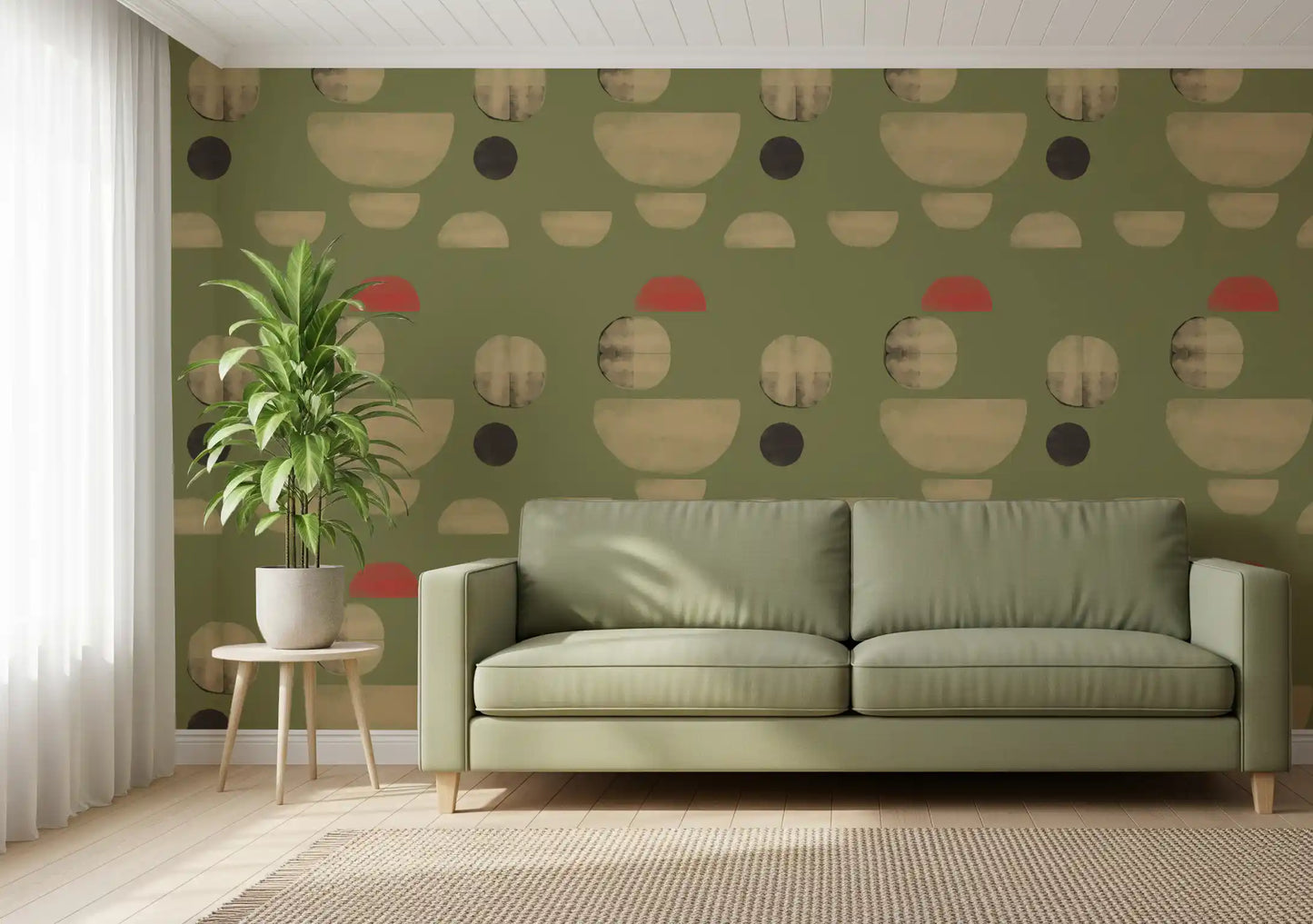 Office wallpaper with olive base and circular abstract shape elements