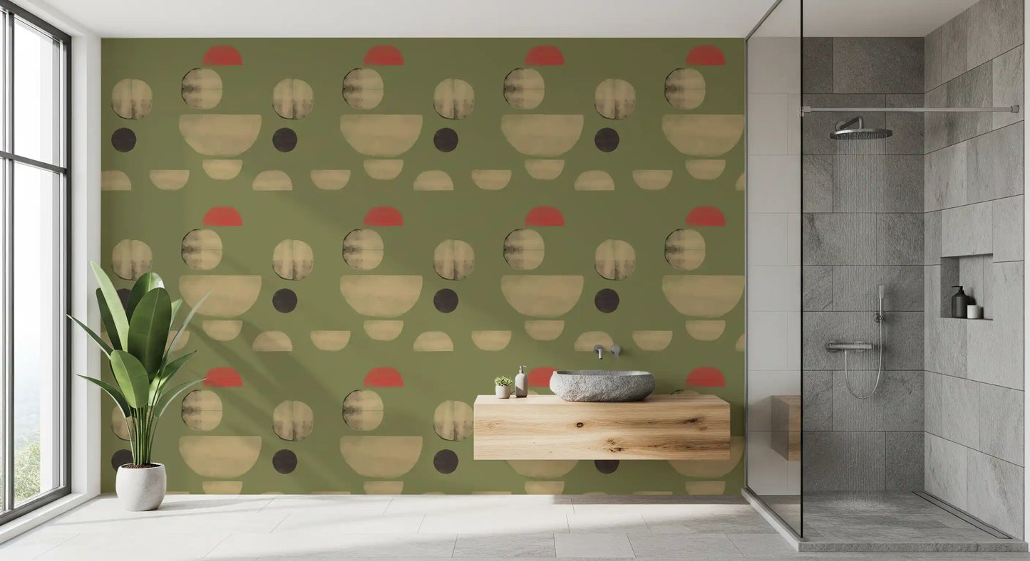 Bathroom wallpaper with abstract earth tone shapes and modern minimal layout