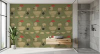 Bathroom wallpaper with abstract earth tone shapes and modern minimal layout
