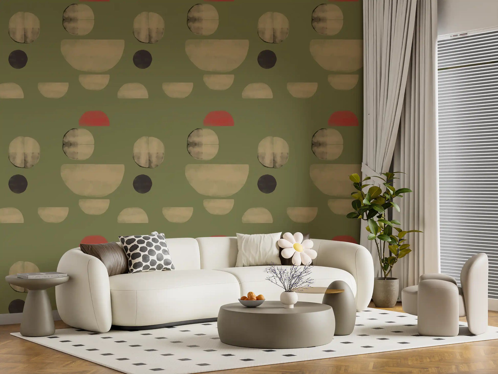 Living room wallpaper with geometric earth tones and soft abstract design