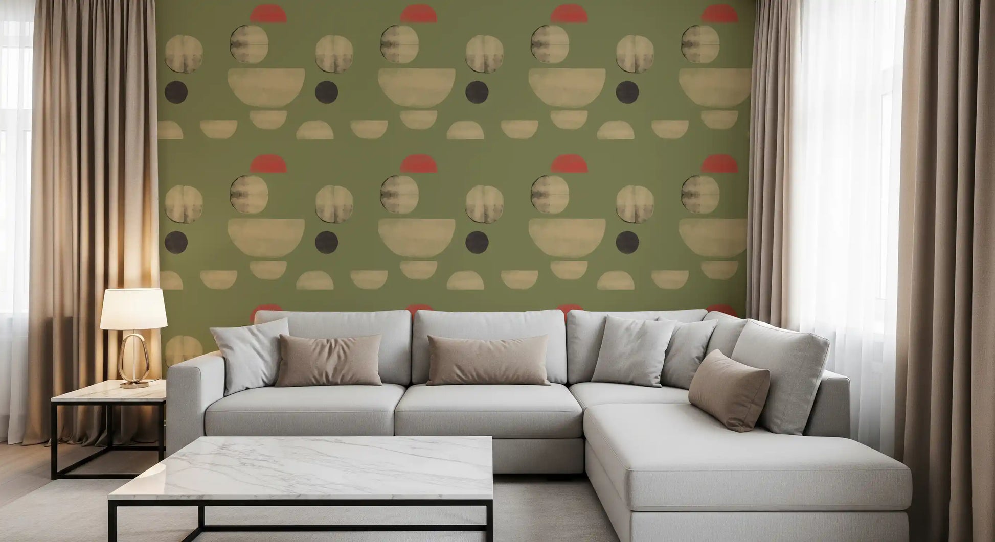 Hallway wallpaper featuring muted green tones and soft geometric forms