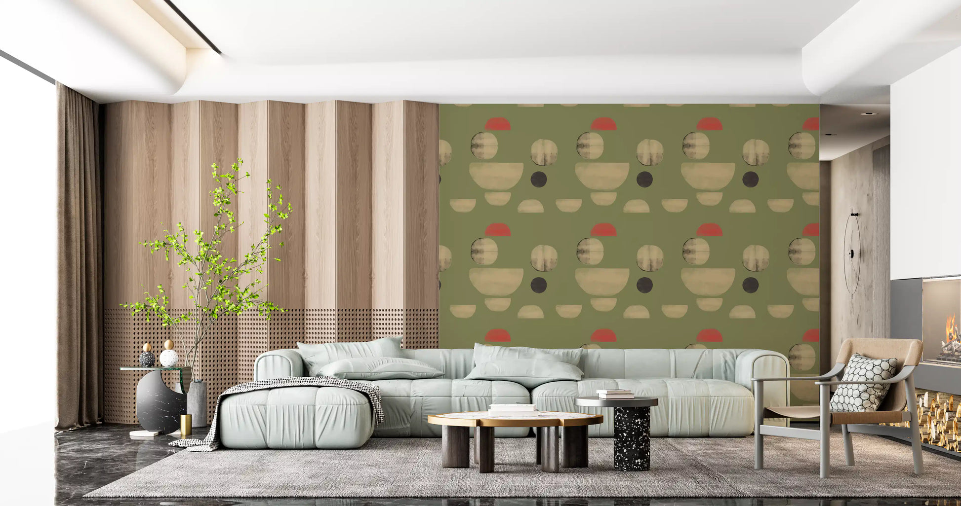 Hallway wallpaper with layered olive shapes and subtle textured pattern