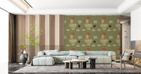 Hallway wallpaper with layered olive shapes and subtle textured pattern