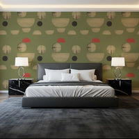 Guest room wallpaper with soft green tones and abstract geometric shapes