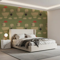 Bedroom wallpaper with olive abstract pattern and neutral tone balance