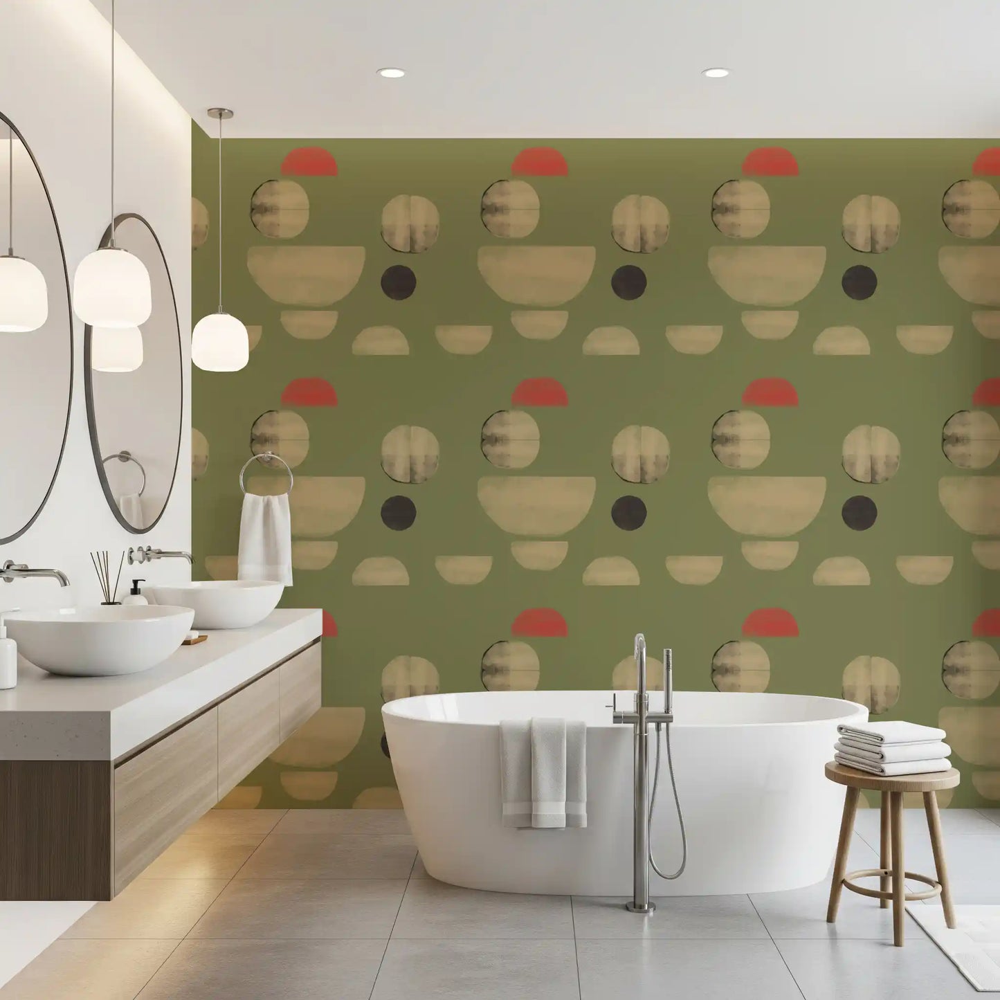 Bathroom area wallpaper with calm earthy palette and minimal form styling